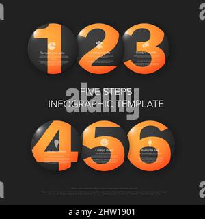 Vector dark six circle progress button steps template with descriptions, icons and big orange numbers. Template for six directions infographic layout Stock Vector