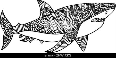 Great White Shark Mandala Coloring Page for Adults Stock Vector