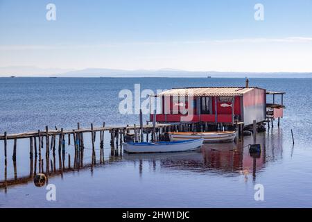 Greece, Macedonia, Thessaloniki, Axios Delta National Park, National Park of Greece, established in 2008, being one of the largest protected wetlands in Europe. It is home to many species of birds, fishermen's huts Stock Photo