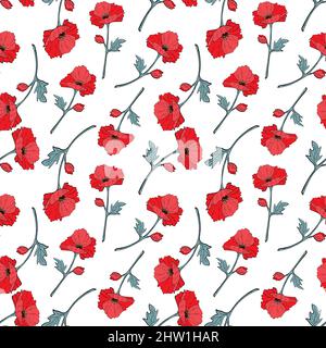Seamless background with red and blue flowers and leaves. Print with poppies. Vector illustration. Vector illustration Stock Vector