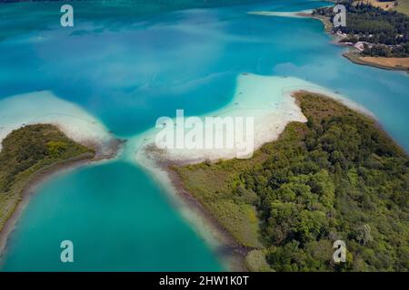 France, Savoie, Aiguebelette lake, Petite and Grande ile (aerial view) Stock Photo
