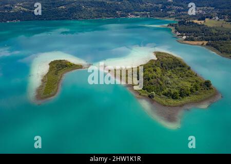 France, Savoie, Aiguebelette lake, Petite and Grande ile (aerial view) Stock Photo