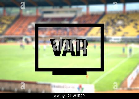 VAR graphic in football, Video Assistant Referee illustrative graphic for soccer or football match, live score, sports on screen or TV. Stock Photo