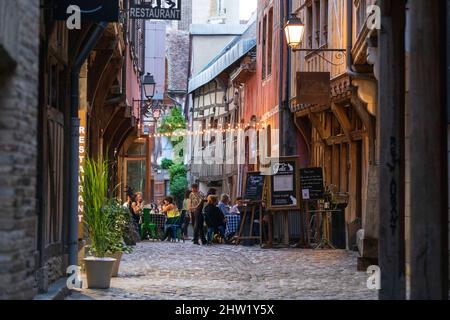 France, Aube, Troyes, Ruelle des Chats, half-timbered houses, restaurants Stock Photo