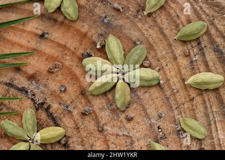 closeup the bunch green ripe cardamom with brown beans over out of focus wooden background. Stock Photo