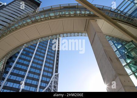 Cape Town, South Africa, 26th February - 2022: Suspended walkway between two buildings made of concrete. Stock Photo