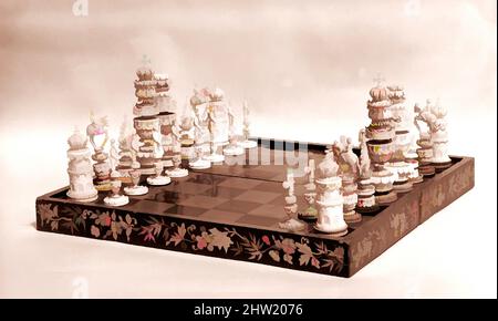 Art inspired by Chess set, ca. 1800, Made in India, Lacquered wood, ivory, Board: 1 3/4 x 16 5/8 x 16 5/8 in. (4.4 x 42.2 x 42.2 cm), Natural Substances, The game of chess probably originated in India, where ivory chess pieces have been found dating as far back as the eighth century, Classic works modernized by Artotop with a splash of modernity. Shapes, color and value, eye-catching visual impact on art. Emotions through freedom of artworks in a contemporary way. A timeless message pursuing a wildly creative new direction. Artists turning to the digital medium and creating the Artotop NFT Stock Photo
