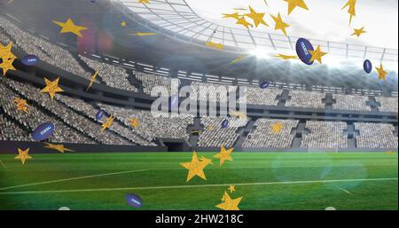 Image of stars over rugby balls falling with france text at stadium Stock Photo