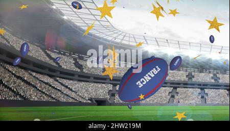 Image of stars over rugby balls falling with france text at stadium Stock Photo