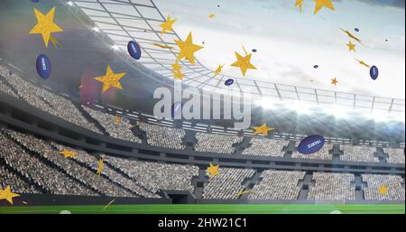 Image of stars over rugby balls falling with france text at stadium Stock Photo