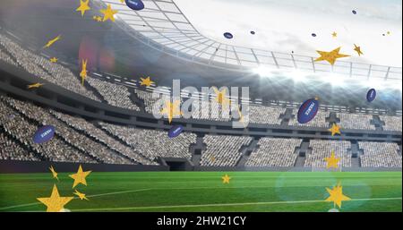 Image of stars over rugby balls falling with france text at stadium Stock Photo