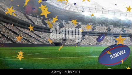 Image of stars over rugby balls falling with france text at stadium Stock Photo