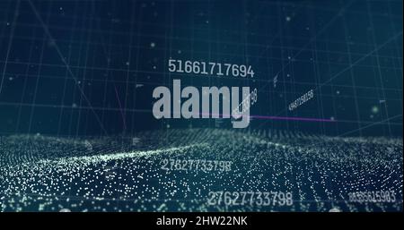 Multiple changing numbers and data processing against digital wave on blue background Stock Photo