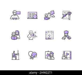 Activities for kids - modern line design style icons set with editable stroke. Computer and board games, origami, reading, playing music, drawing, tab Stock Vector