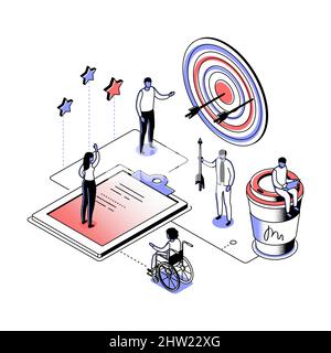 Achieve goals - modern line isometry design style illustration. Picture with employees aiming arrows at a target under the guidance of a manager. Team Stock Vector