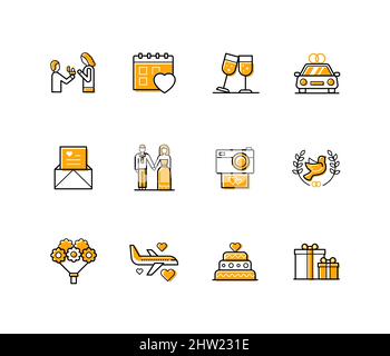 Wedding ceremony - modern line design style icons set with editable stroke. The birth of new family. Proposal, engagement, holiday. Glasses of champag Stock Vector