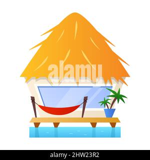 Stilt house - flat design style object on white background. Neat detailed image of summer home on the water in tropical country with a thatched roof a Stock Vector