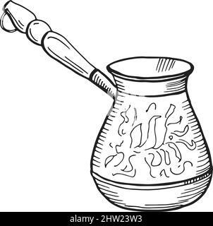 Metal cezve. Traditional turkish coffee making pot in hand drawn style Stock Vector