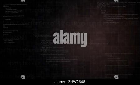 Moving inside the digital computer cyberspace. Motion. Programming data code text and futuristic HUD elements appear on a dark background Stock Photo