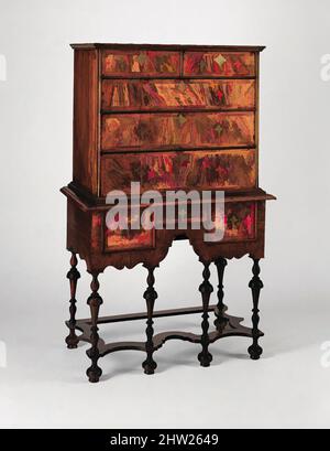 Art inspired by High chest of drawers, 1700–1730, Made in Boston, Massachusetts, United States, American, Black walnut, maple, poplar, hickory, white pine, 62 1/2 x 39 1/4 x 21 3/4 in. (158.8 x 99.7 x 55.2 cm), Furniture, A new form introduced with the William and Mary style, the high, Classic works modernized by Artotop with a splash of modernity. Shapes, color and value, eye-catching visual impact on art. Emotions through freedom of artworks in a contemporary way. A timeless message pursuing a wildly creative new direction. Artists turning to the digital medium and creating the Artotop NFT Stock Photo
