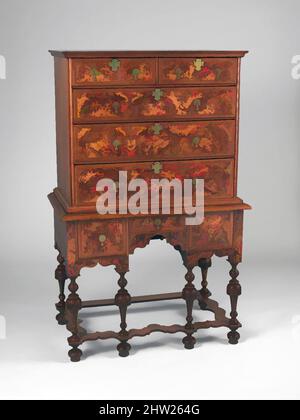 Art inspired by High chest of drawers, 1700–1730, Probably made in Boston, Massachusetts, United States, American, Maple, black walnut, poplar, eastern white pine, 61 1/2 x 39 1/4 x 22 3/8 in. (156.2 x 99.7 x 56.8 cm), Furniture, The striking maple burl veneers that create a pattern of, Classic works modernized by Artotop with a splash of modernity. Shapes, color and value, eye-catching visual impact on art. Emotions through freedom of artworks in a contemporary way. A timeless message pursuing a wildly creative new direction. Artists turning to the digital medium and creating the Artotop NFT Stock Photo