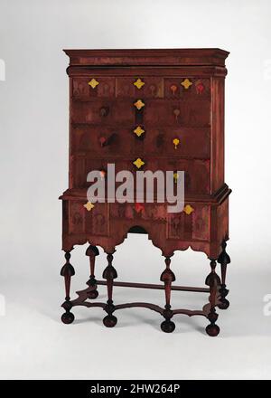 Art inspired by High chest of drawers, 1715–35, Probably made in Rhode Island, United States; Possibly made in Connecticut, United States, American, Black walnut, maple, red cedar, white pine, 65 x 37 1/2 x 22 in. (165.1 x 95.3 x 55.9 cm), Furniture, Contrasting light and dark wood, Classic works modernized by Artotop with a splash of modernity. Shapes, color and value, eye-catching visual impact on art. Emotions through freedom of artworks in a contemporary way. A timeless message pursuing a wildly creative new direction. Artists turning to the digital medium and creating the Artotop NFT Stock Photo