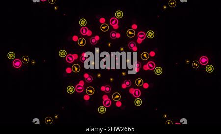 Animation of seamless loop. Abstract animation of multicolored neon social media network emojis icons rotating in spiral on the black background. Stock Photo