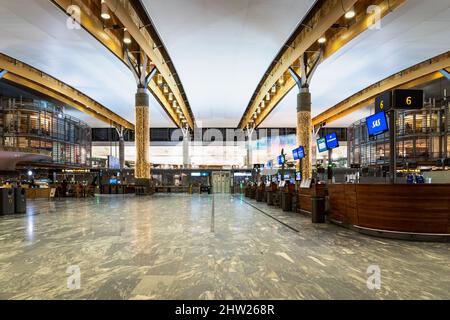 Oslo, Norway - January 2018: Oslo Gardermoen International Airport departure terminal architecture. Stock Photo