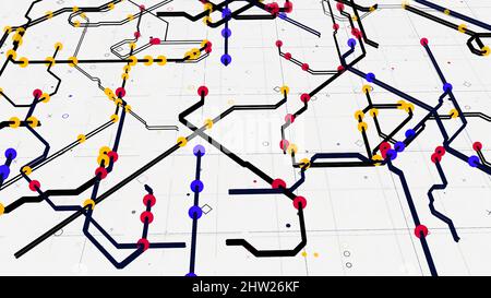 Color digital map of urban routes. Animation. Beautiful modern city map with colored roads and points on white background. Moving lines of urban traff Stock Photo