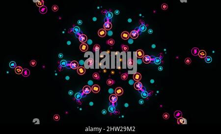 Technology, social media and internet backdrop. Colorful abstraction of popular social networks and services app icons rotating in spiral on the black Stock Photo
