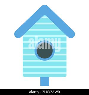 Blue bird house, cute illustration in cartoon flat style. Spring concept. Wooden bird feeder. Bird day, nature protection. Crafts made of wood and Stock Vector