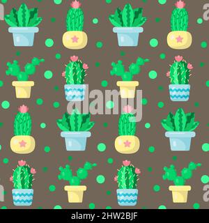 Seamless pattern with green cactuses in pots. Funny cartoon print. Home and domestic plants, cozy and cute background. Print for textile, gift wrap Stock Vector