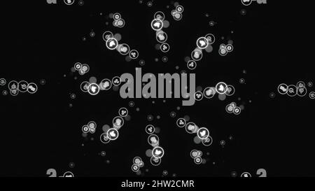 Monochrome animation of popular social network app icons rotating in spiral on the black background. Technology, social media and internet backdrop. Stock Photo