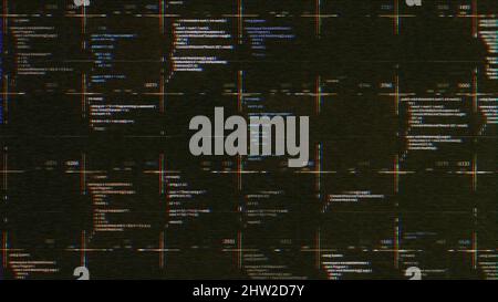 Abstract computer script source code with glitch effect. Screen of web developing hacker code on black background, seamless loop. Stock Photo