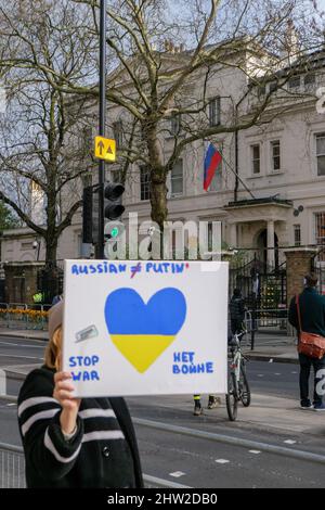London, England. 3rd March 2022. Protesters gather outside the Russian Embassy to protest over the Russian war in Ukraine. Russia invaded neighbour Ukraine on the 24th February 2022, since the invasion, there has been a global condemnation of the war. Credit: SMP News / Alamy Live News Stock Photo