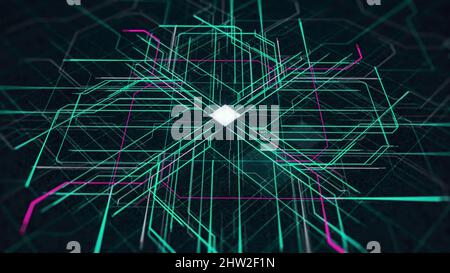 Technology background with circuit board, digital processor of a device. Colorful data transmission in futuristic board chip, virtual computer animati Stock Photo