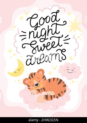 Good night sweet dreams, poster or card template with hand drawn calligraphy lettering and cute sleeping tiger. Vector illustration Stock Vector
