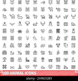 100 animal icons set. Outline illustration of 100 animal icons vector set isolated on white background Stock Vector