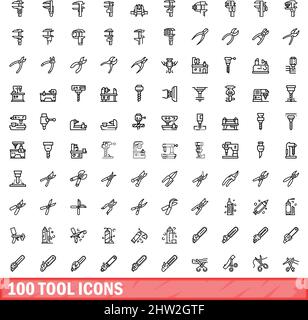100 tool icons set. Outline illustration of 100 tool icons vector set isolated on white background Stock Vector