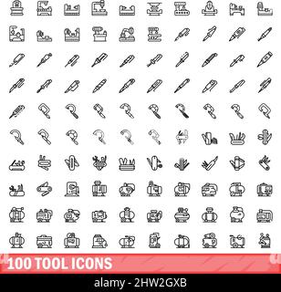 100 tool icons set. Outline illustration of 100 tool icons vector set isolated on white background Stock Vector