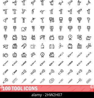 100 tool icons set. Outline illustration of 100 tool icons vector set isolated on white background Stock Vector
