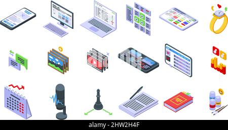 Content plan icons set isometric vector. Website code. Web computer Stock Vector