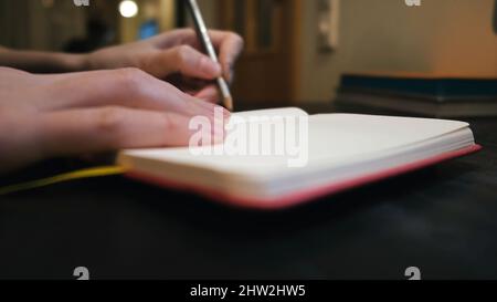 Close up of female hand writing something, holding her pencil in a left hand, time management. Female making notes in a beautiful red daily planner. Stock Photo