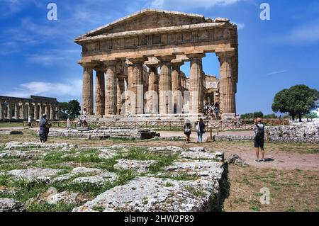The Temple of Hera II (called the Temple of Neptune or of Poseidon), is a Greek temple in Paestum, Campania, Italy. It was built in 460–450 BC Stock Photo