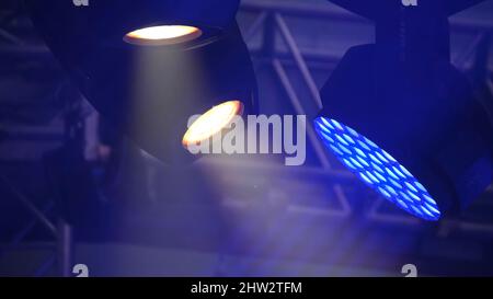 Free stage with lights, lighting devices. Stage lights blue. Stock Photo