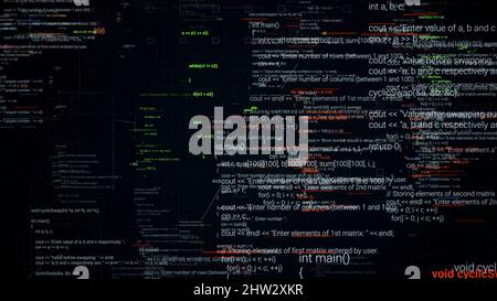 Abstract computer monitor with moving symbols. Green linux terminal commands on black background, conept of operating systems and technologies. Stock Photo
