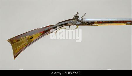 Art inspired by Flintlock Rifle, ca. 1810–15, Pennsylvania, American, Pennsylvania, Steel, brass, wood (maple), silver, bone, horn, L. 59 1/4 in. (150.5 cm); L. of barrel 43 in. (109.22 cm); Cal. .46 in. (11.7 mm); Wt. 9 lb. 13 oz. (4451 g), Firearms-Guns-Flintlock, This is a classic, Classic works modernized by Artotop with a splash of modernity. Shapes, color and value, eye-catching visual impact on art. Emotions through freedom of artworks in a contemporary way. A timeless message pursuing a wildly creative new direction. Artists turning to the digital medium and creating the Artotop NFT Stock Photo