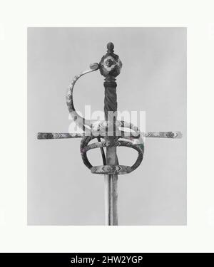 Art inspired by Rapier, ca. 1620, Spanish, Steel, silver, L. 56 3/4 in. (144.1 cm); L. of blade 49 3/4 in. (126.5 cm); W. 9 15/16 in. (25.2 cm); D. 5 1/2 in. (14 cm); Wt. 3 lb. 9 oz. (1615.9 g), Swords, Classic works modernized by Artotop with a splash of modernity. Shapes, color and value, eye-catching visual impact on art. Emotions through freedom of artworks in a contemporary way. A timeless message pursuing a wildly creative new direction. Artists turning to the digital medium and creating the Artotop NFT Stock Photo