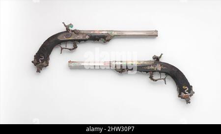 Art inspired by Pair of Percussion Target Pistols Made for Display at the Crystal Palace Exhibition in London, 1851, dated 1851, Paris, French, Paris, Steel, wood (ebony), gold, L. of each pistol 17 1/4 in. (44 cm); L. of each barrel 11 3/8 in. (28.8 cm); Cal. of each barrel .46 in. (, Classic works modernized by Artotop with a splash of modernity. Shapes, color and value, eye-catching visual impact on art. Emotions through freedom of artworks in a contemporary way. A timeless message pursuing a wildly creative new direction. Artists turning to the digital medium and creating the Artotop NFT Stock Photo