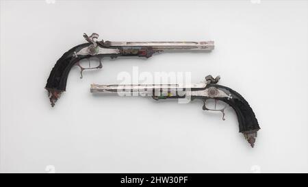 Art inspired by Pair of Percussion Target Pistols Made for Display at the 1844 Exposition des Produits de l'Industrie in Paris, dated 1844, Paris, French, Paris, Steel, wood (ebony), L. of each pistol 16 5/8 in. (42.3 cm); L. of each barrel 11 in. (27.8 cm); Cal. of each barrel .50 in, Classic works modernized by Artotop with a splash of modernity. Shapes, color and value, eye-catching visual impact on art. Emotions through freedom of artworks in a contemporary way. A timeless message pursuing a wildly creative new direction. Artists turning to the digital medium and creating the Artotop NFT Stock Photo